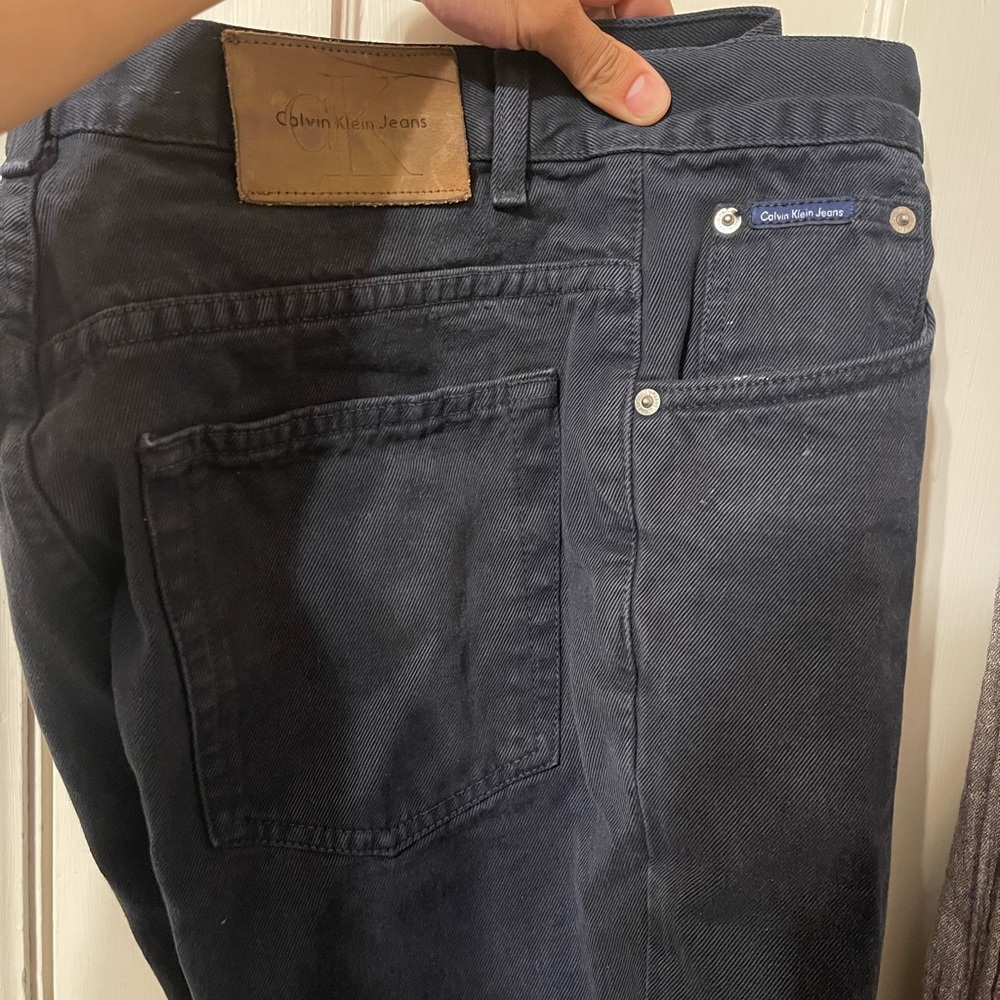 Vintage 1990's Calvin Klein Black Denim Shorts Leather Patch  Size 32